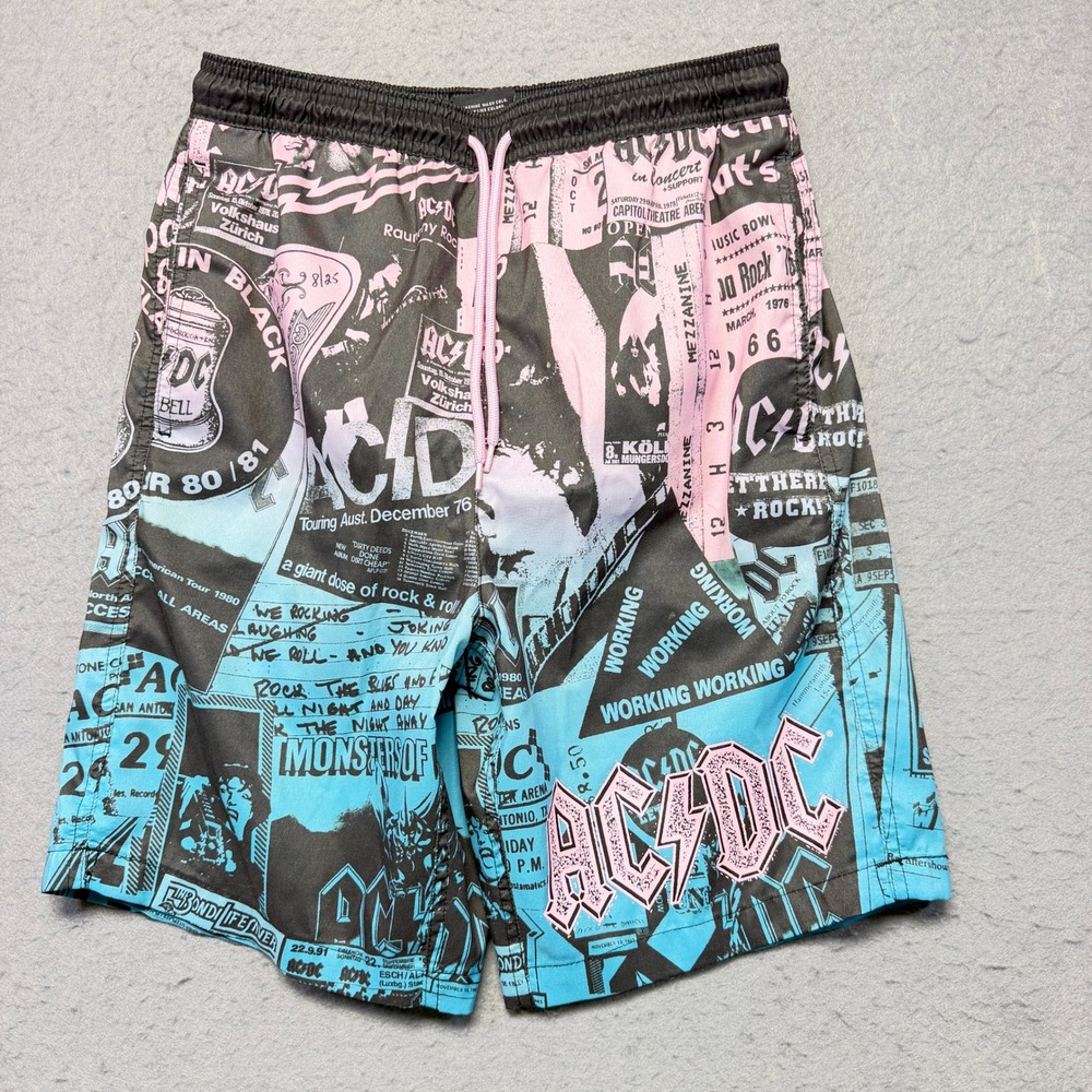 AC/DC Mens All Over Print Concert Poster Swim Trunks Black Pink Blue Size S